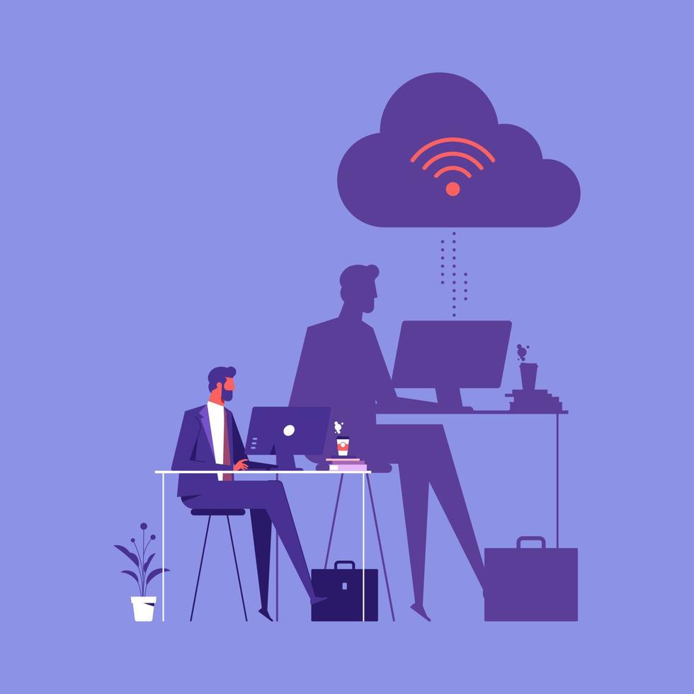 Businessman working with computer and using wireless cloud computing service, cloud data storage, working online vector