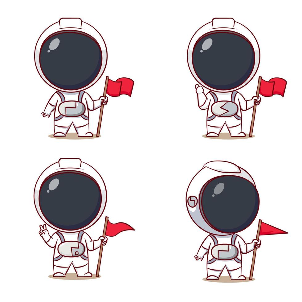 lindo personaje de dibujos animados de astronauta sosteniendo la bandera. fondo aislado de personaje chibi dibujado a mano. vector