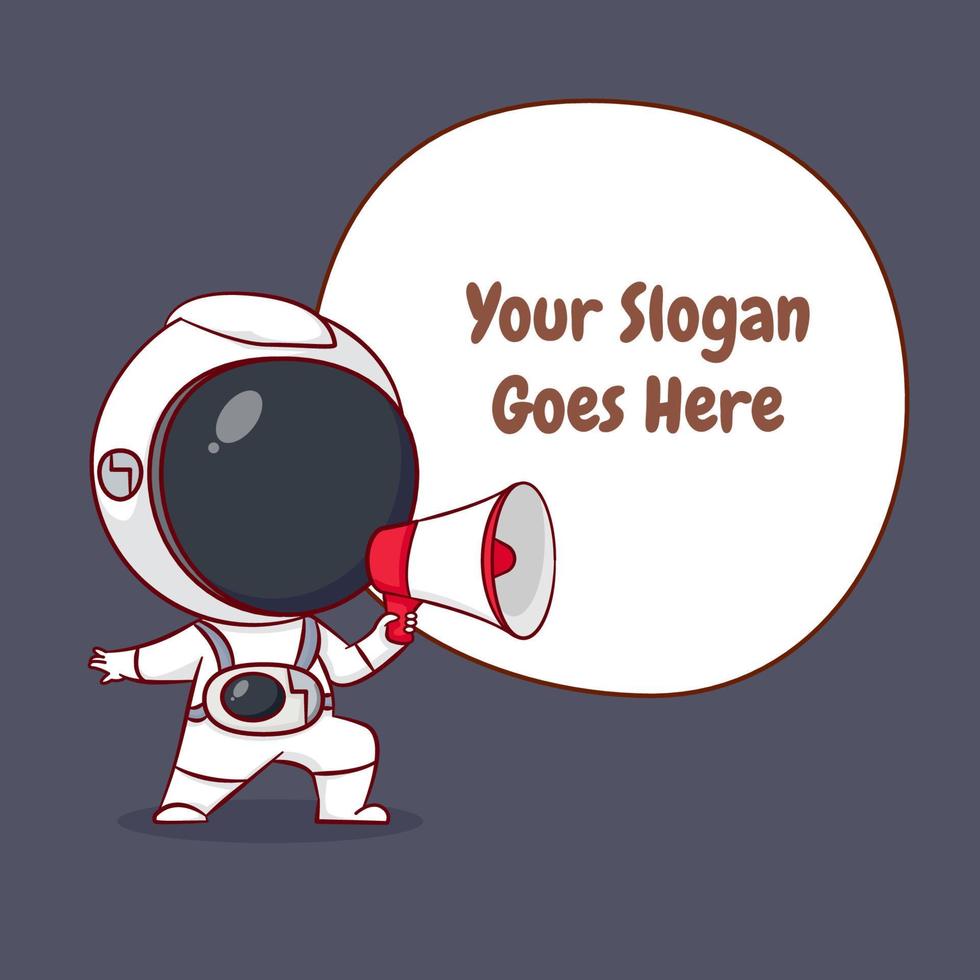 lindo personaje de dibujos animados de astronauta sosteniendo megáfono con texto de burbuja. fondo aislado de personaje chibi dibujado a mano. vector