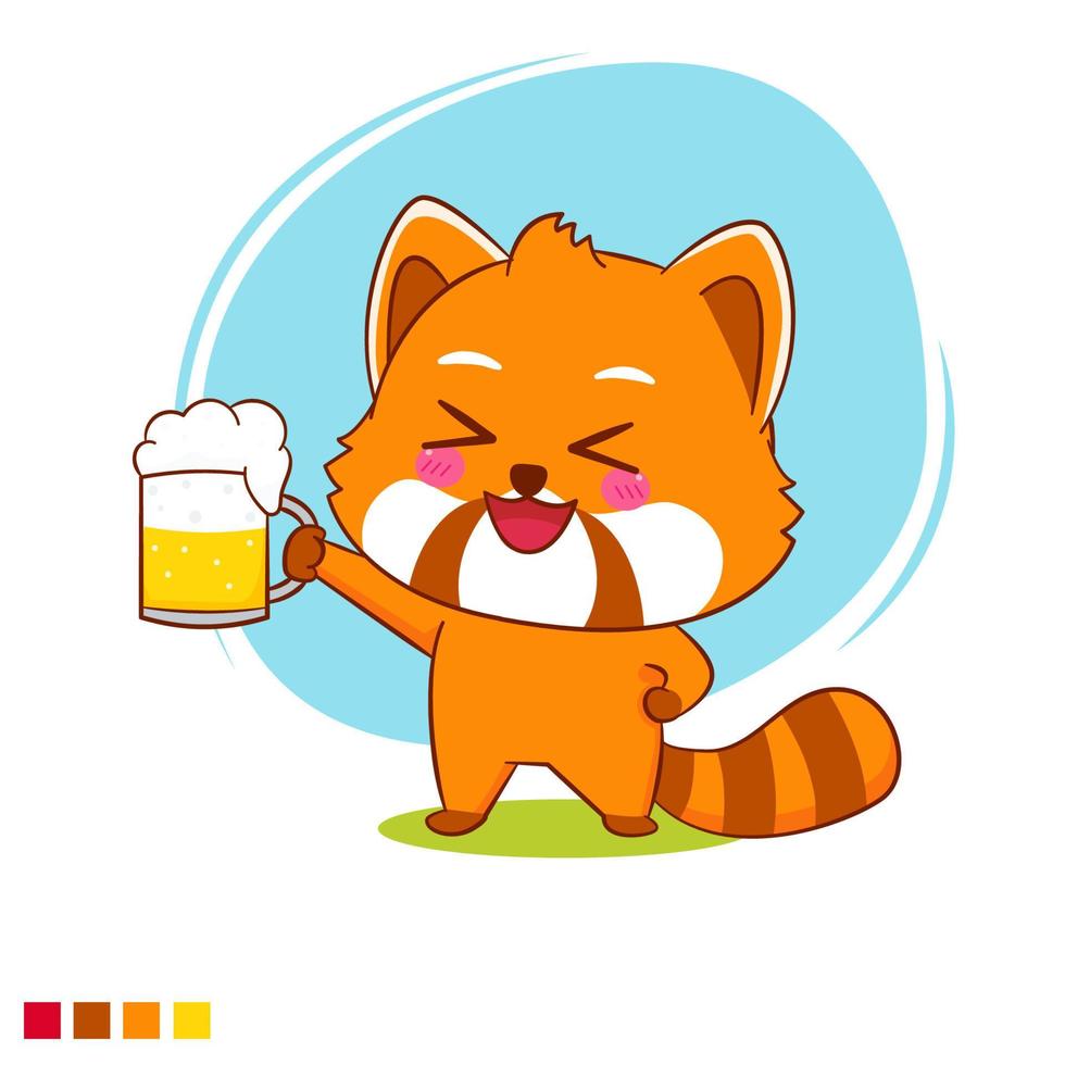 lindo panda rojo con personaje de dibujos animados de cerveza vector