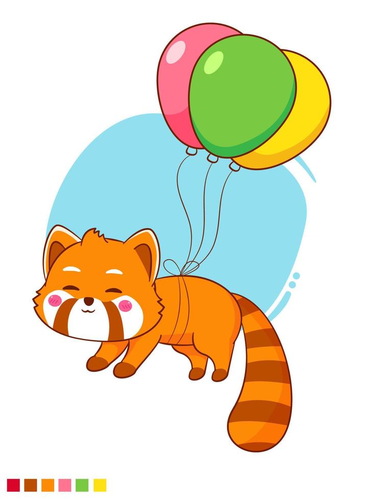 Cute red panda flying with balloons cartoon character vector