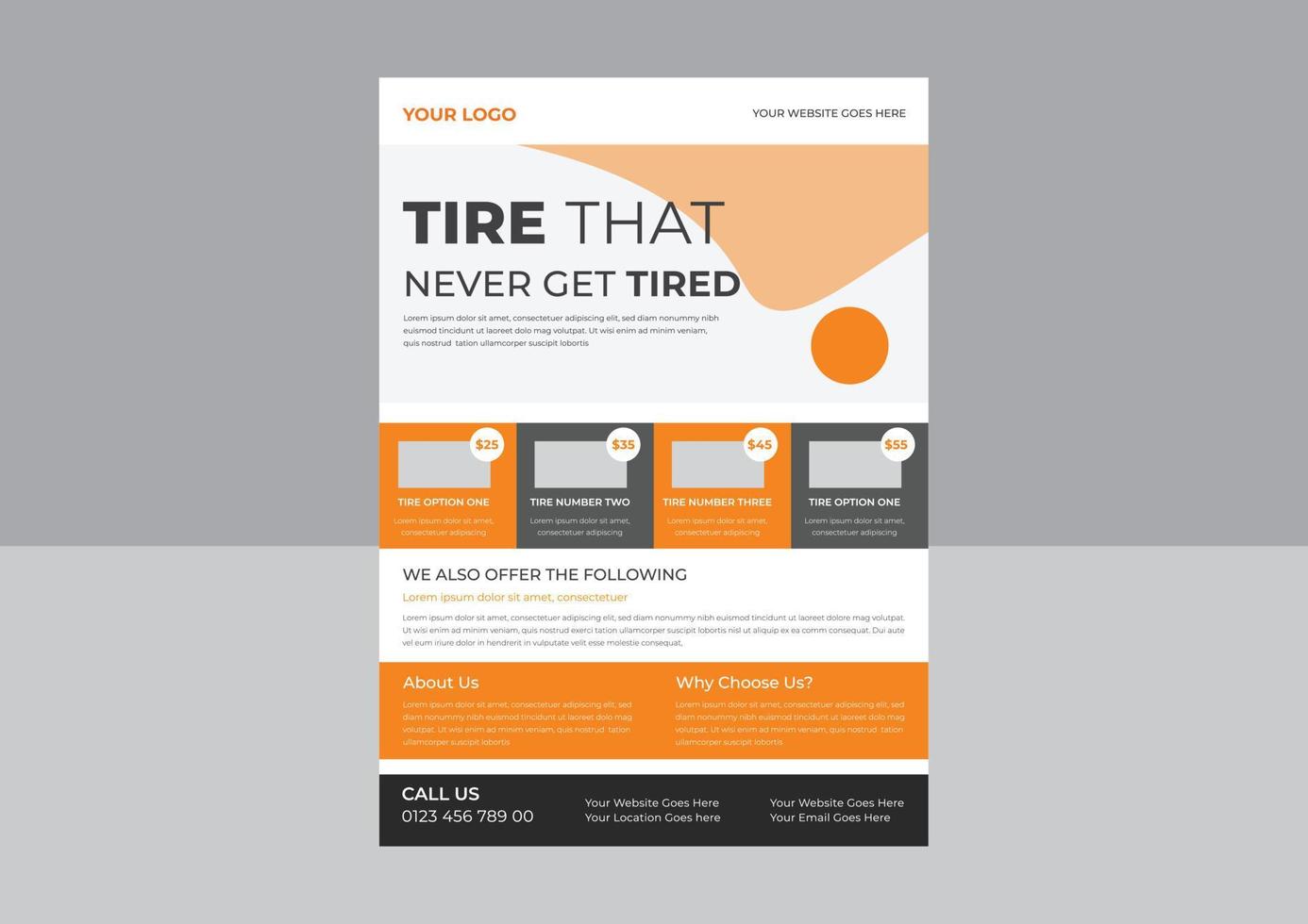 Tire car advertisement poster, Local tire repair service poster, leaflet design, Auto Repair Flyer Template. vector