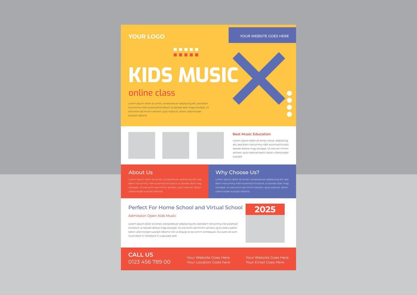 plantilla de diseño de volante de música para niños, plantilla de diseño de volante en línea de clase de música para niños, volante de clase de música para niños, plantilla de póster. vector