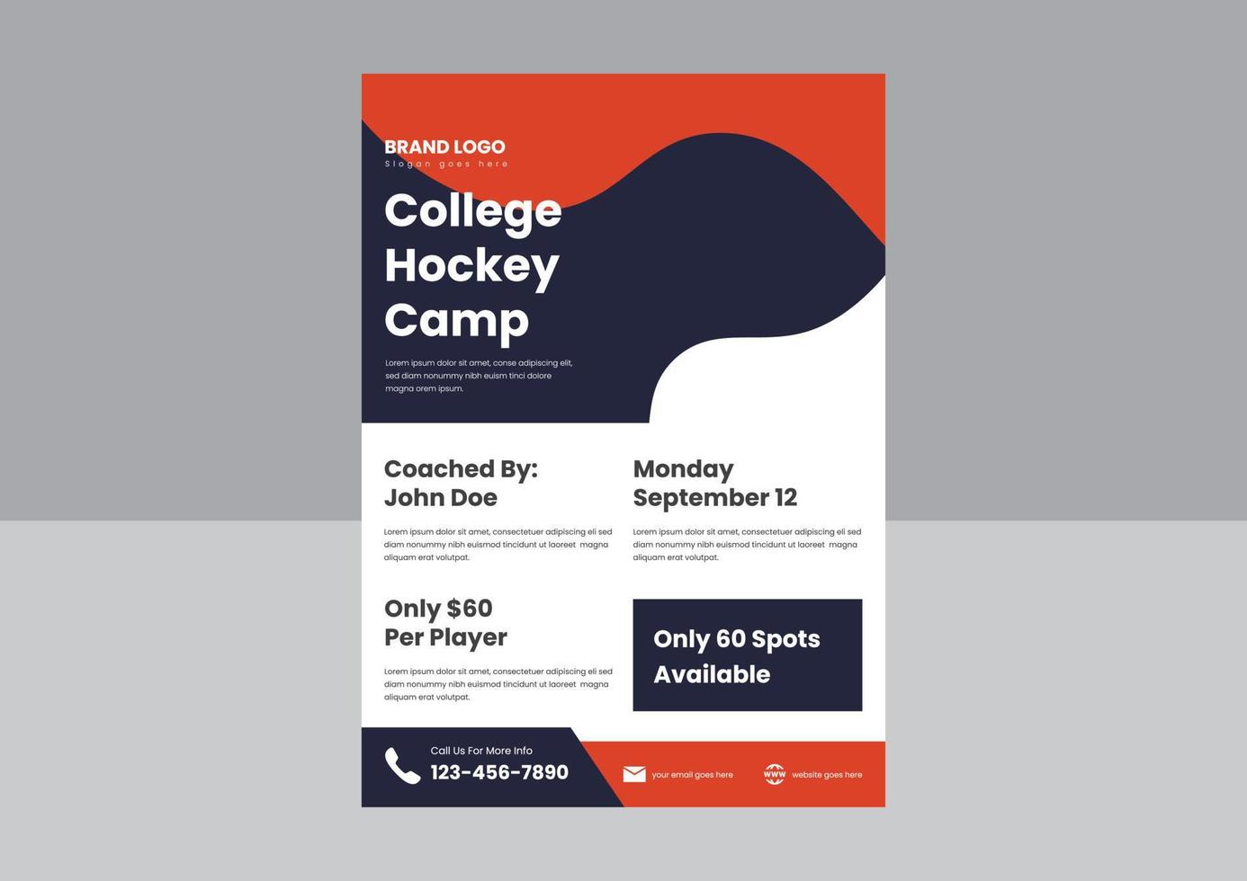 hockey camp flyer poster design. summer hockey camp leaflet design. school college hockey camp flyer poster design. vector