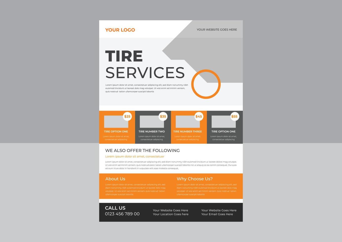 Tire car advertisement poster, Local tire repair service poster, leaflet design, Auto Repair Flyer Template. vector