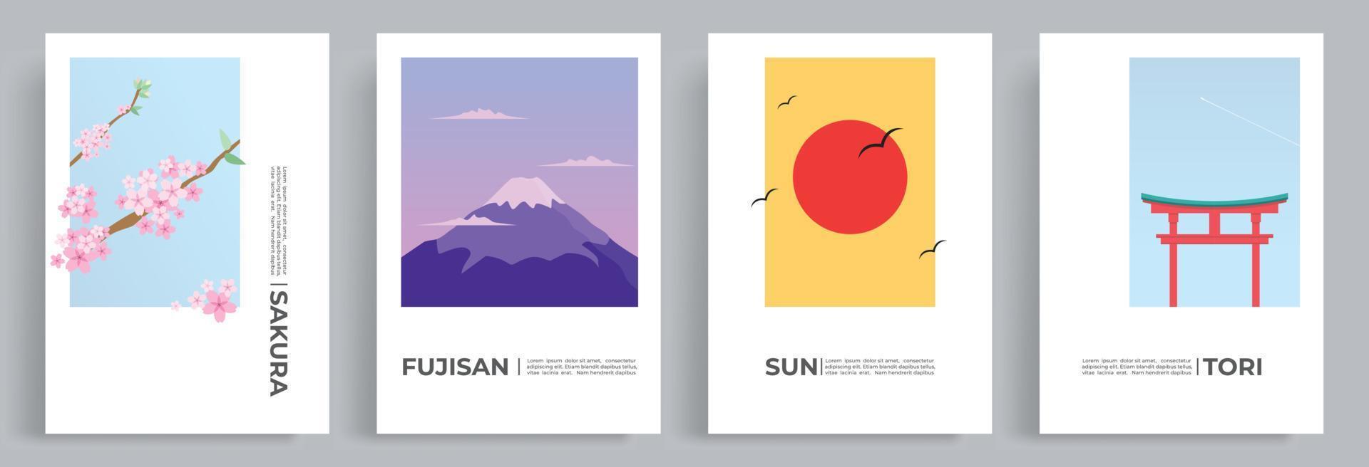 4 juegos de colección de vectores de turismo de viajes japoneses. flor de sakura, monte fuji, amanecer y puertas del santuario torii en un estilo minimalista de ilustración plana. adecuado para portadas de libros, carteles, plantilla web