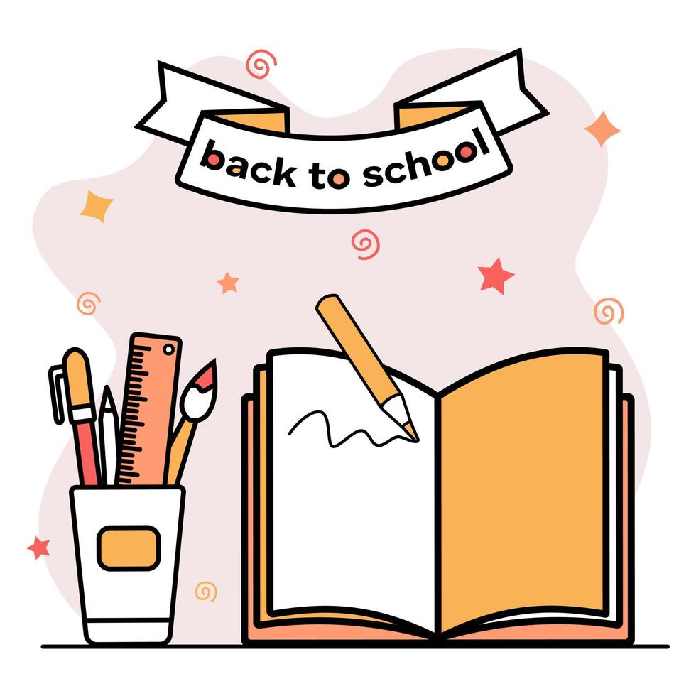 Back to school. Open book, school notebook, pencils, brushes, ruler. Colored icon, doodle. Template for educational website. Design decoration of school schedule, training courses. Vector illustration