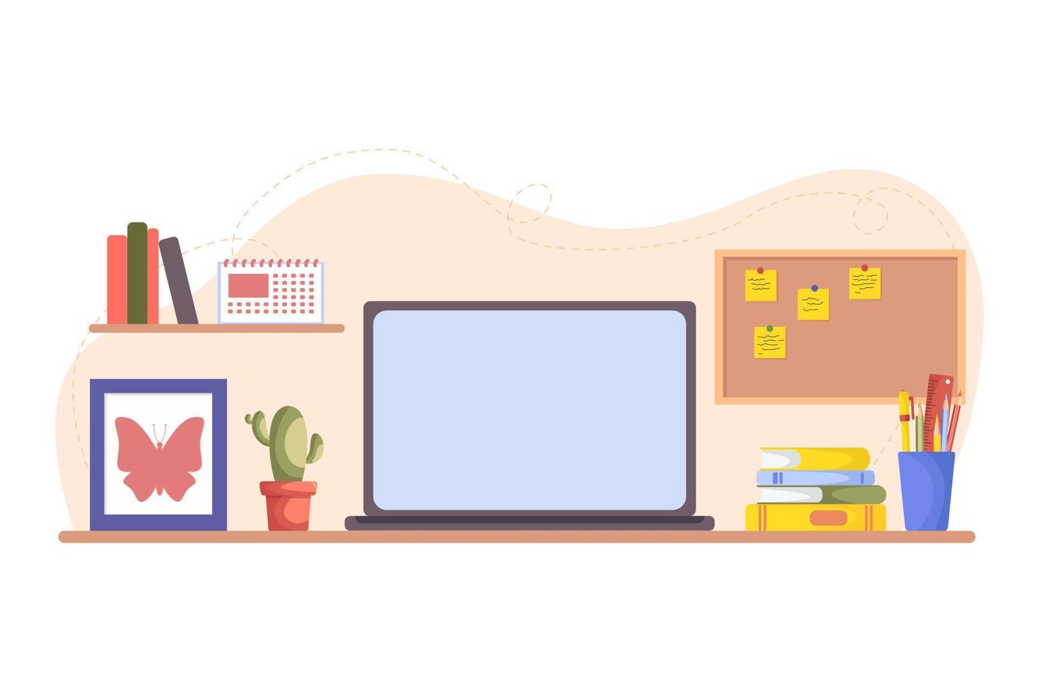 Desktop with laptop, stack of books, stationery, flower and painting. Learning and working online Concept. Arrangement of workplace in office or home. Board for records vector