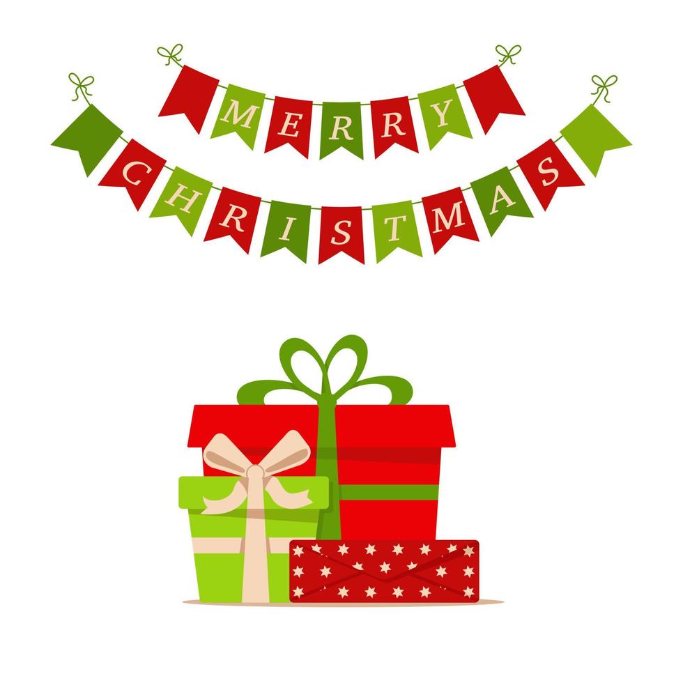 empavesado de feliz navidad, regalos coloridos en cajas, fondo blanco. empavesado de banderas con inscripción feliz navidad. elementos navideños para la decoración navideña. plantillas para álbumes de recortes vector