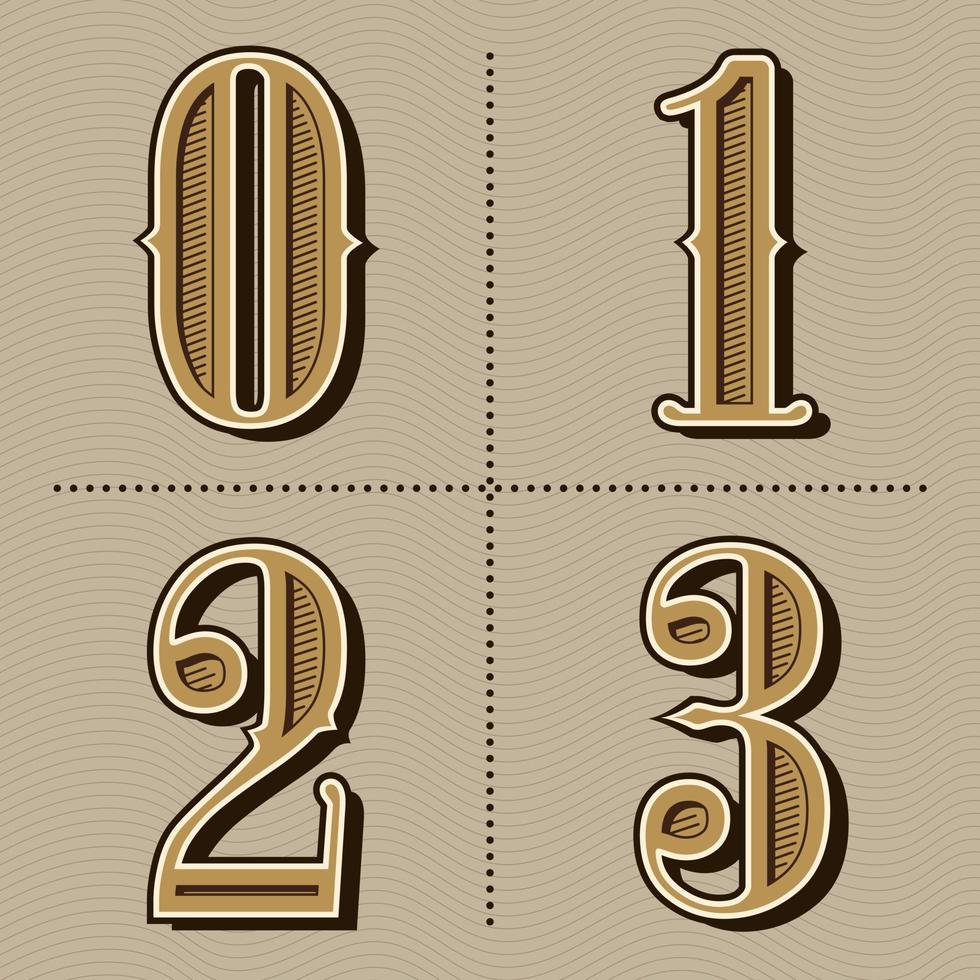 Western alphabet letters vintage numbers design vector 0,1,2,3