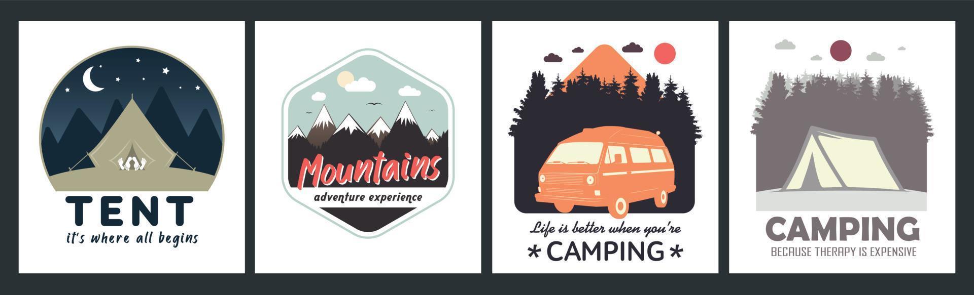 Travel, camping vector illustration bundle. Motivation quotes.