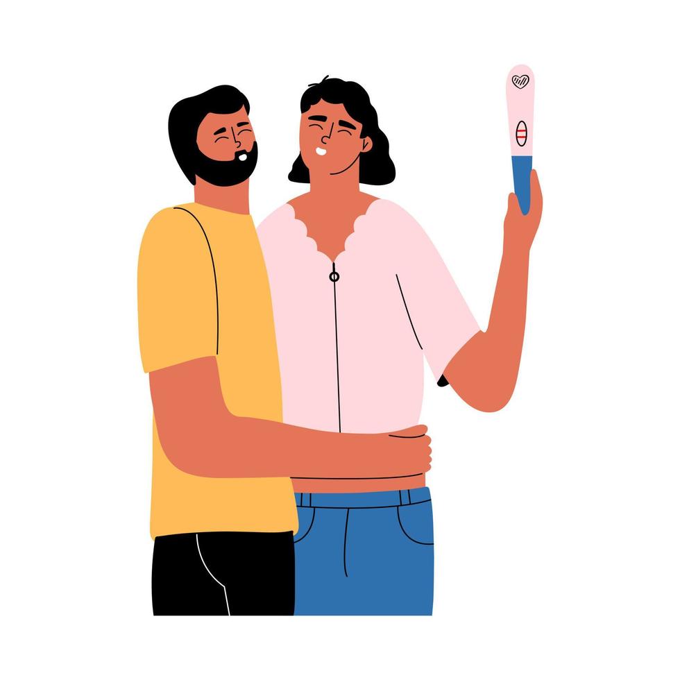 Young happy family expecting a baby. The expectant mother holds a positive pregnancy test in two strips in her hands and shows it to the future father. Vector illustration in a flat style.