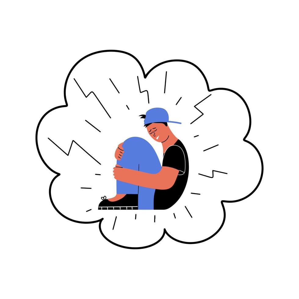 A little boy sits with his arms around himself. Concept of panic attack, phobia, fear, neurosis, OCD. Vector illustration in a flat style.