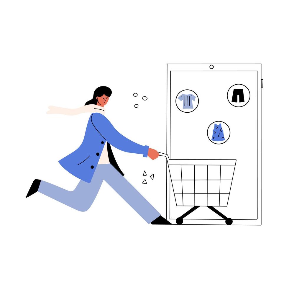 A woman with a basket runs for shopping in an online clothing store. Online shopping concept. Vector illustration in a flat style.
