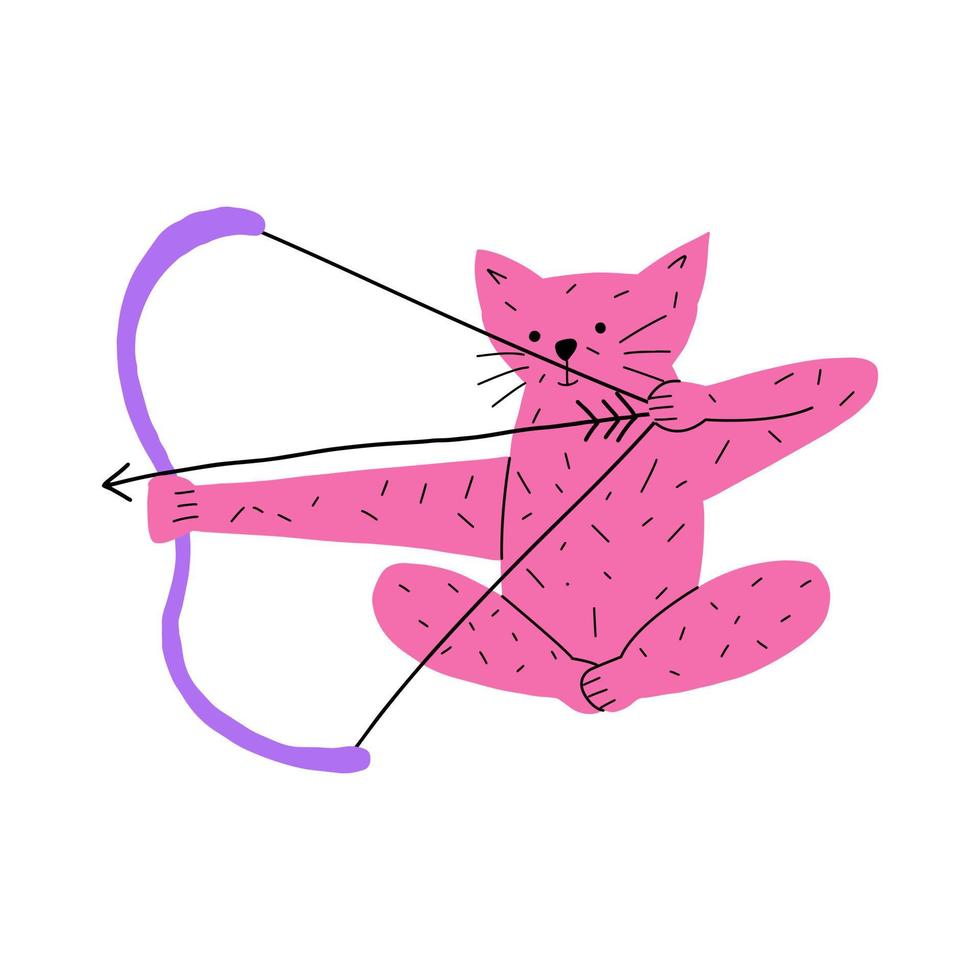 Cute pink cat cupid with bow and arrow. Valentine's day animal character. Vector illustration in flat style