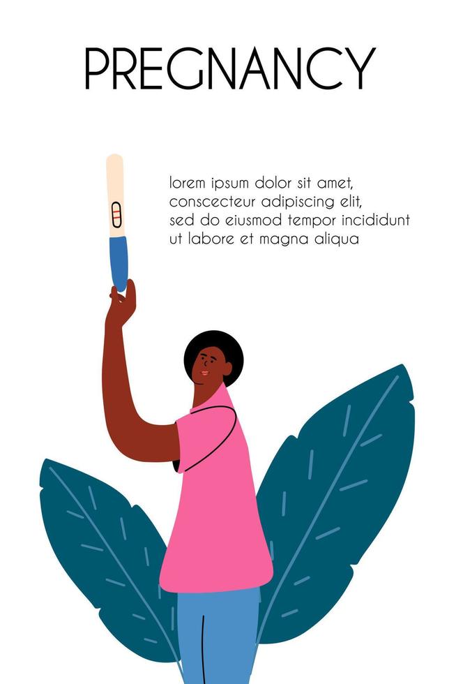 A young afro woman holds a positive pregnancy test with two strips in her hand. Vector illustration hand drawn