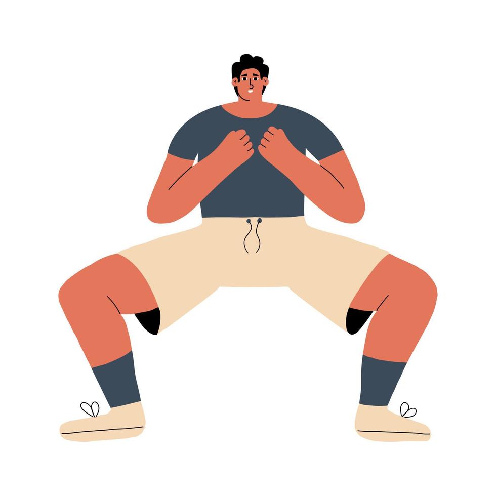 A young man does a sports squat. The guy is engaged in an exercise for a healthy body. Vector illustration hand drawn