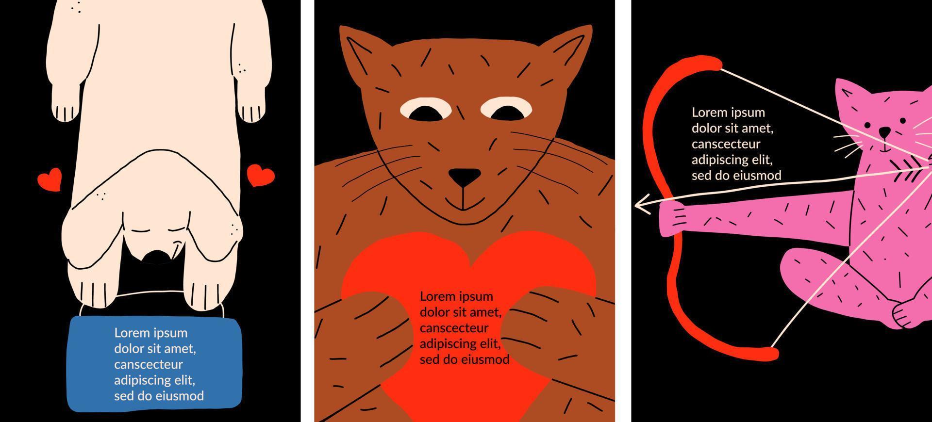 Set of hand-drawn cards with cats and dog for Valentine's Day. Vector illustration