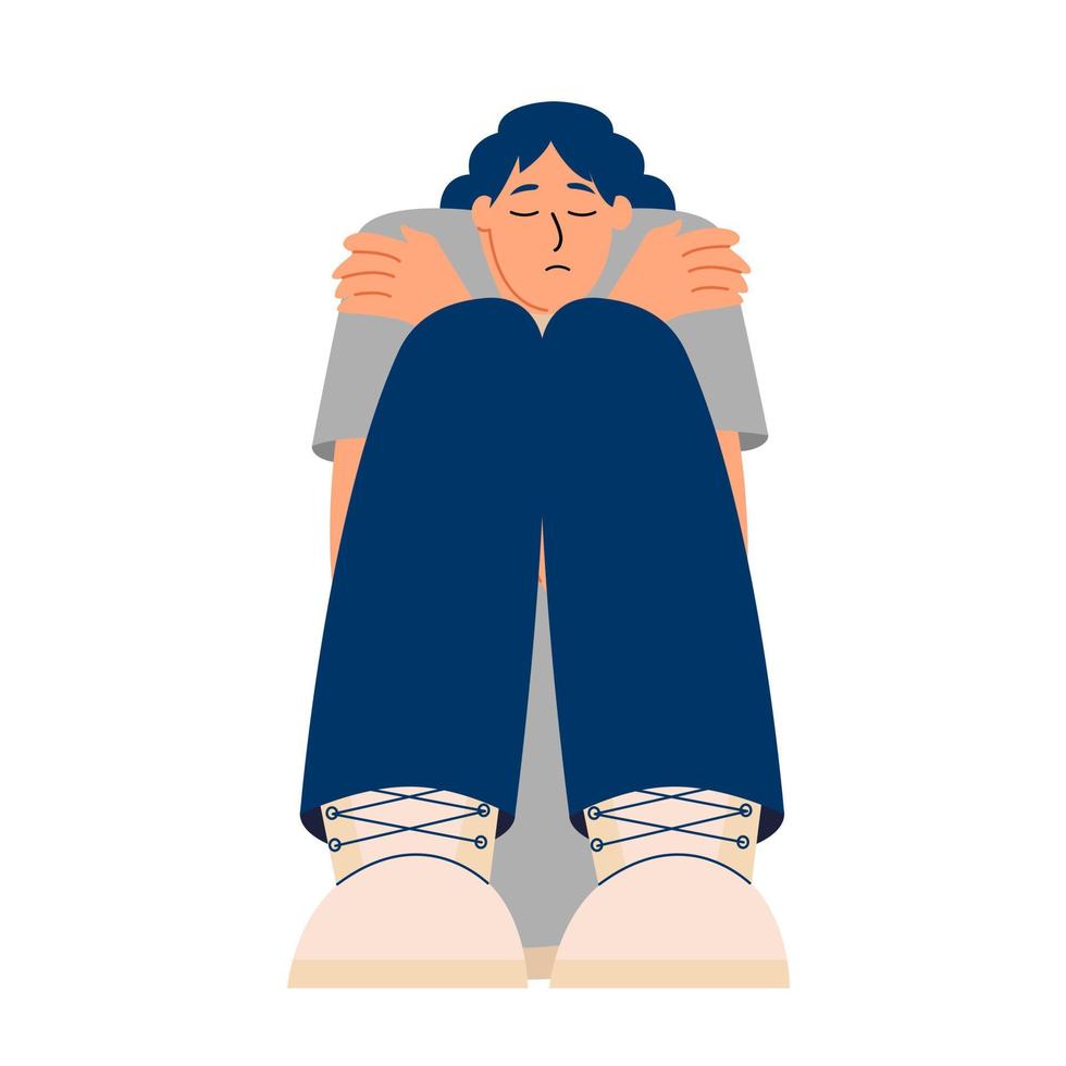 Sad girl sits and hugs herself. Loneliness, depression, anxiety concept. Vector illustration in flat style
