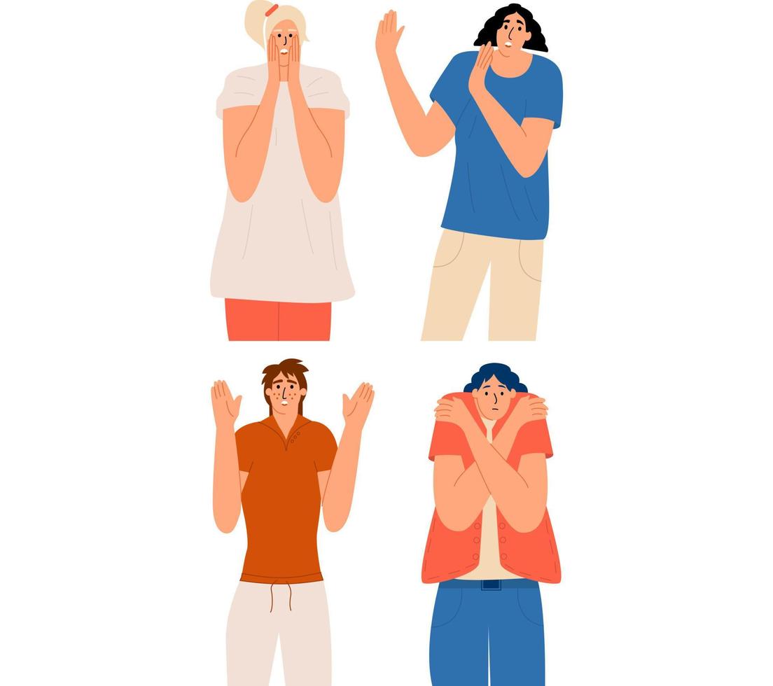 The women are scared. A set of characters with different emotions of surprise, shock, panic, fear. Female phobias. Vector illustration in flat style