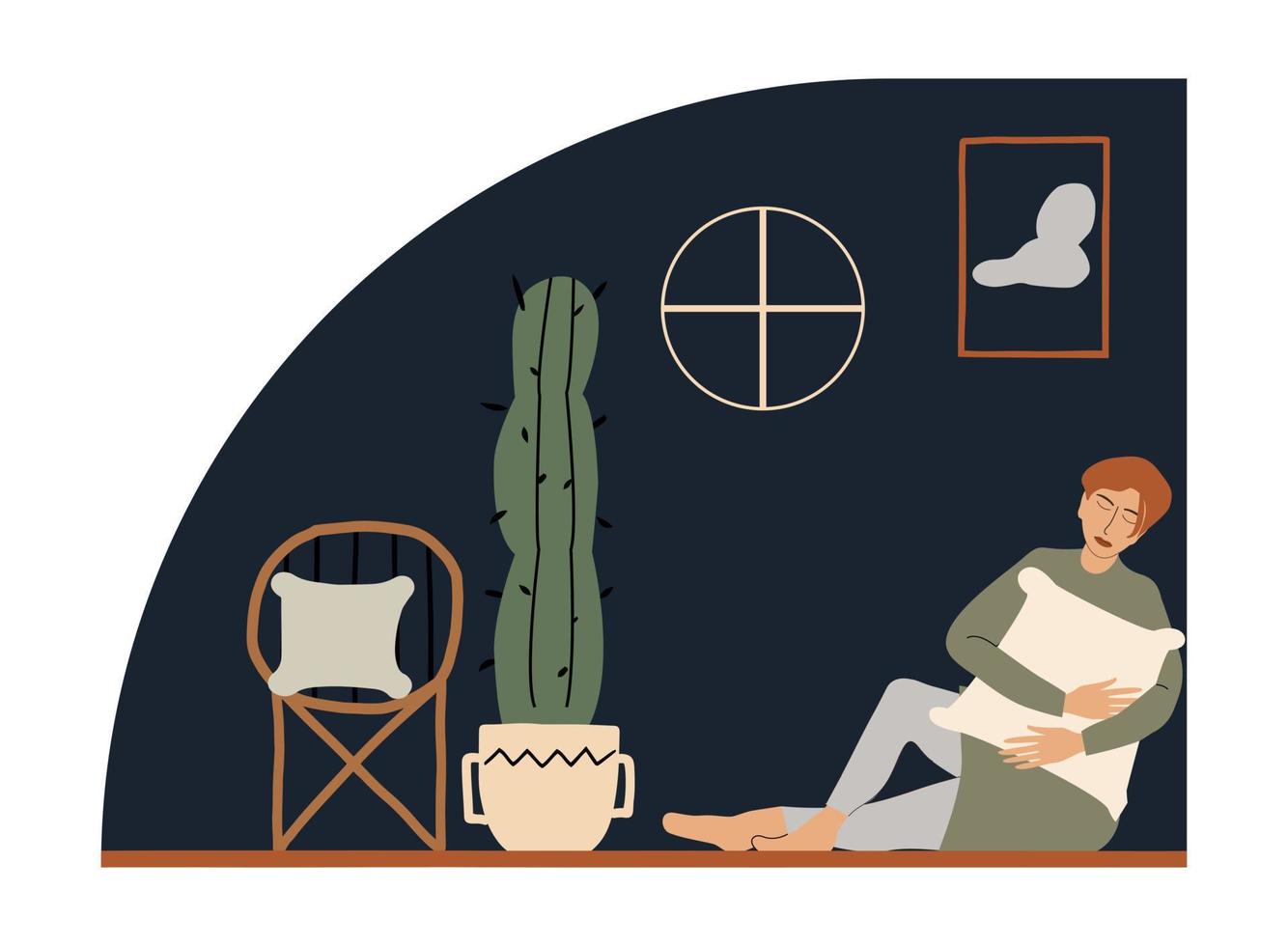 The girl experiences loneliness while sitting at home with a pillow on the floor. Sad depressed woman in the room at night. Vector illustration in a flat style.