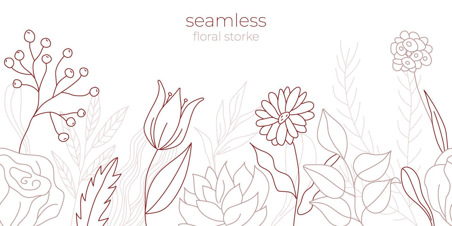 Tropical flowers border seamless pattern in sketch style on white background. Hand drawn floral blooms with colorful line contour. Vector illustration