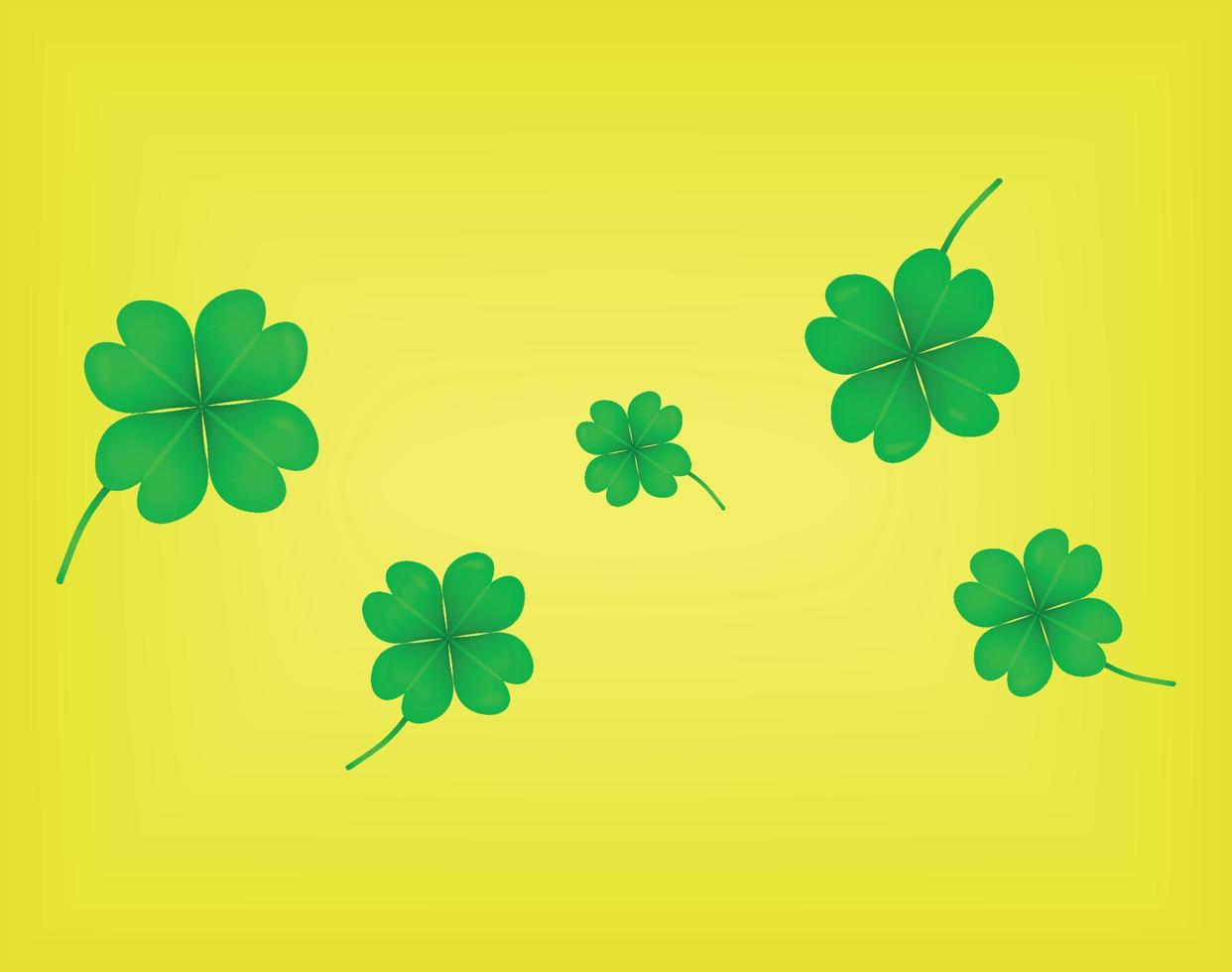 Shamrock leaves isolated on yellow background. Green irish symbol Good Luck. Vector clover set for Saint Patrick's Day holiday greeting card design