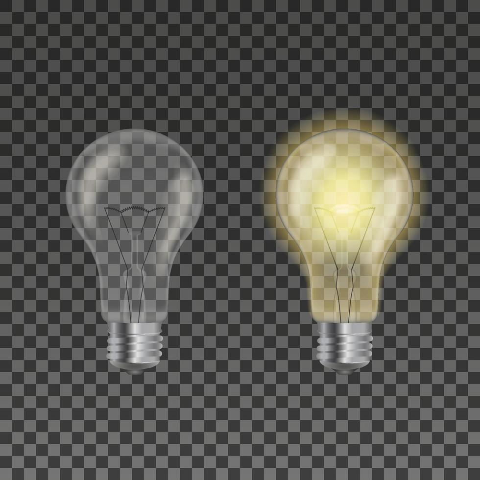 conjunto 3d de bombilla vectorial realista. lámparas de filamento incandescente amarillas y blancas brillantes, plantilla de encendido y apagado de electricidad sobre fondo transparente vector