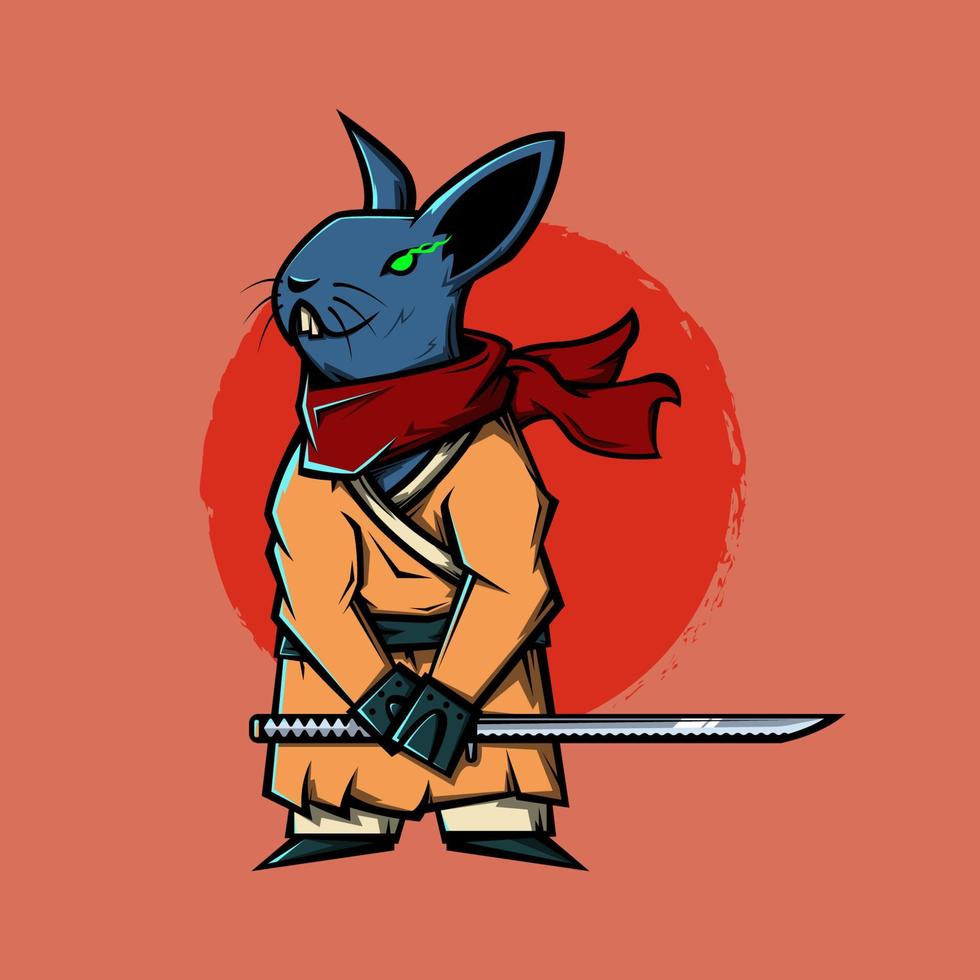 Conejo japonés con ilustración de vector de espada katana