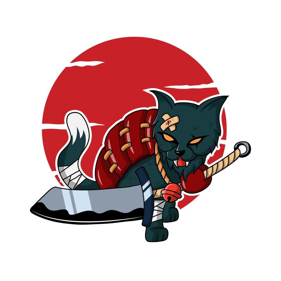 Ilustración de vector de gato samurai japonés