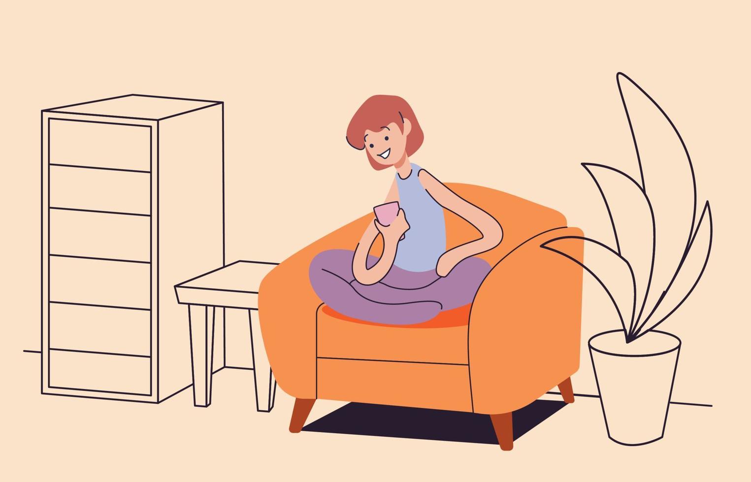 The girl in the chair is looking at her phone vector