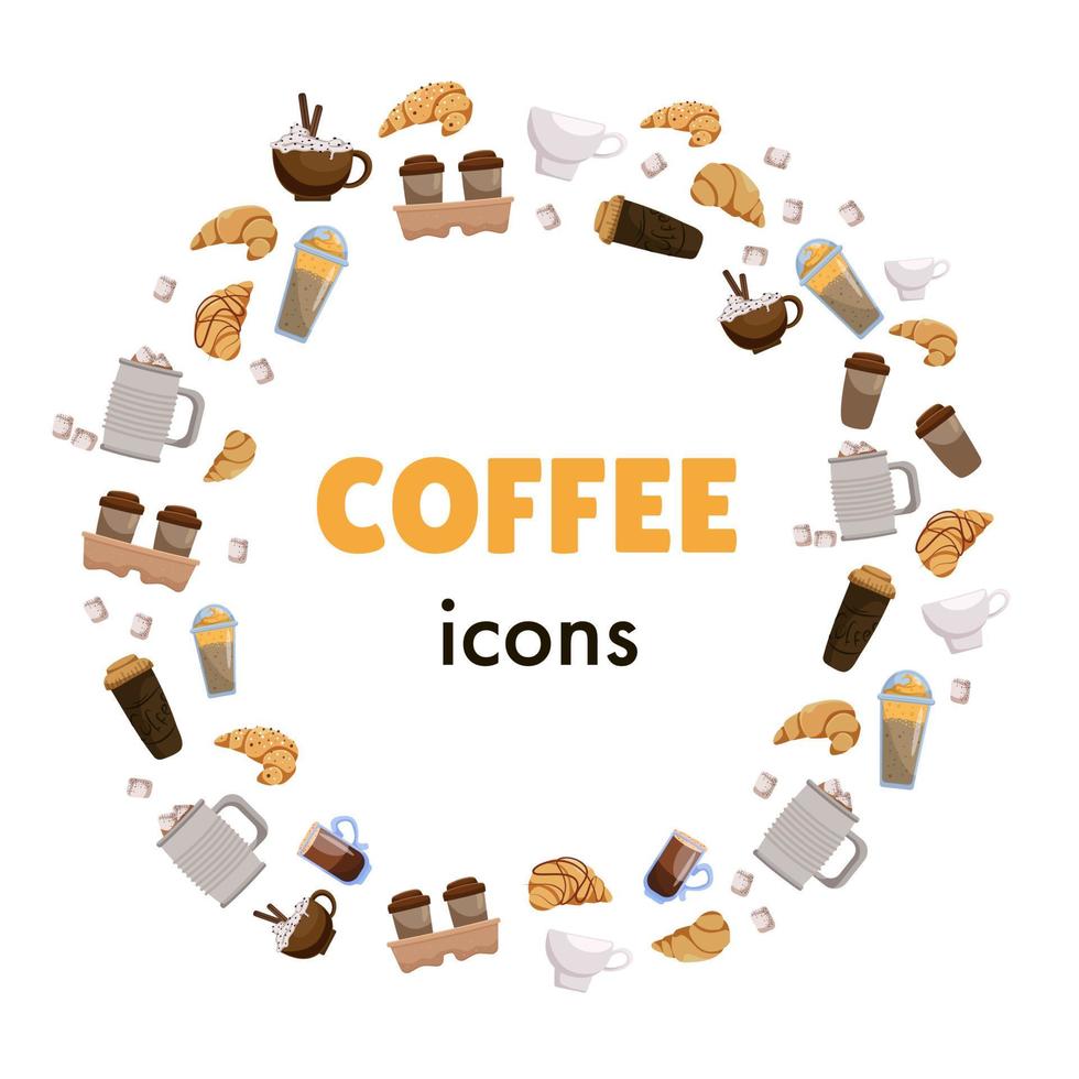 Round frame of coffee and croissants vector