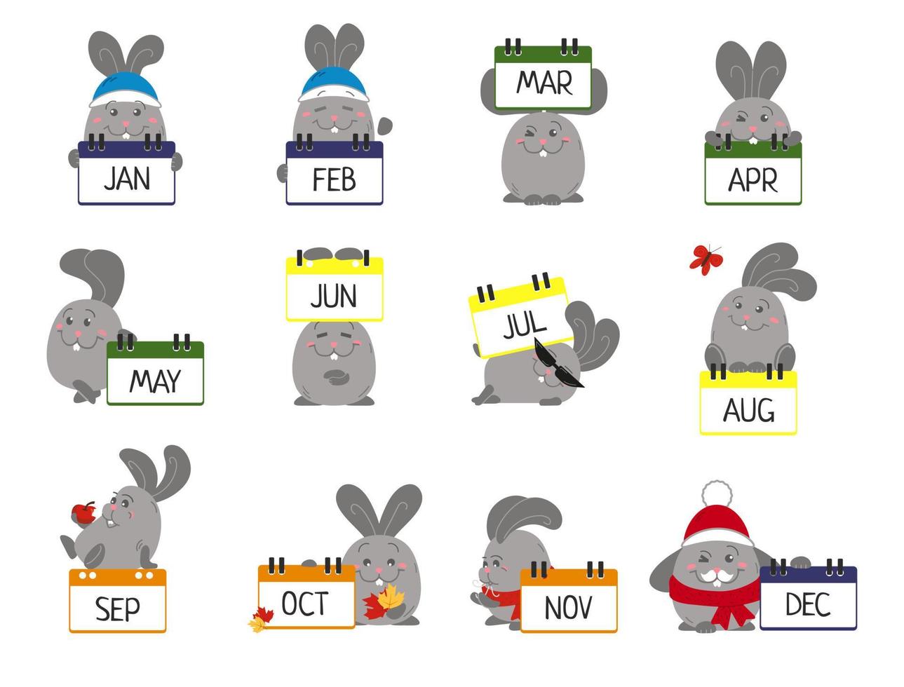 Set of rabbits with signs with months vector