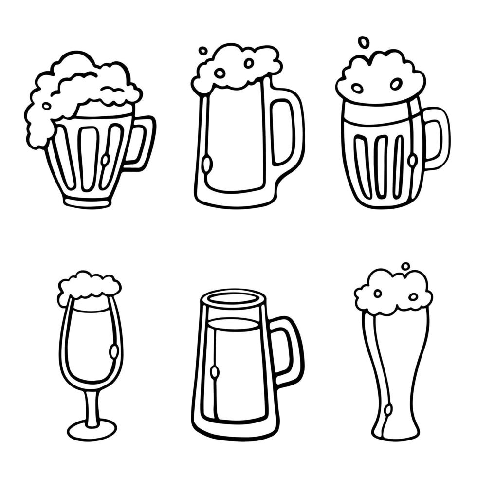 Beer Glass and Beer Mug with foam. Set Outline Doodle Vector Illustration