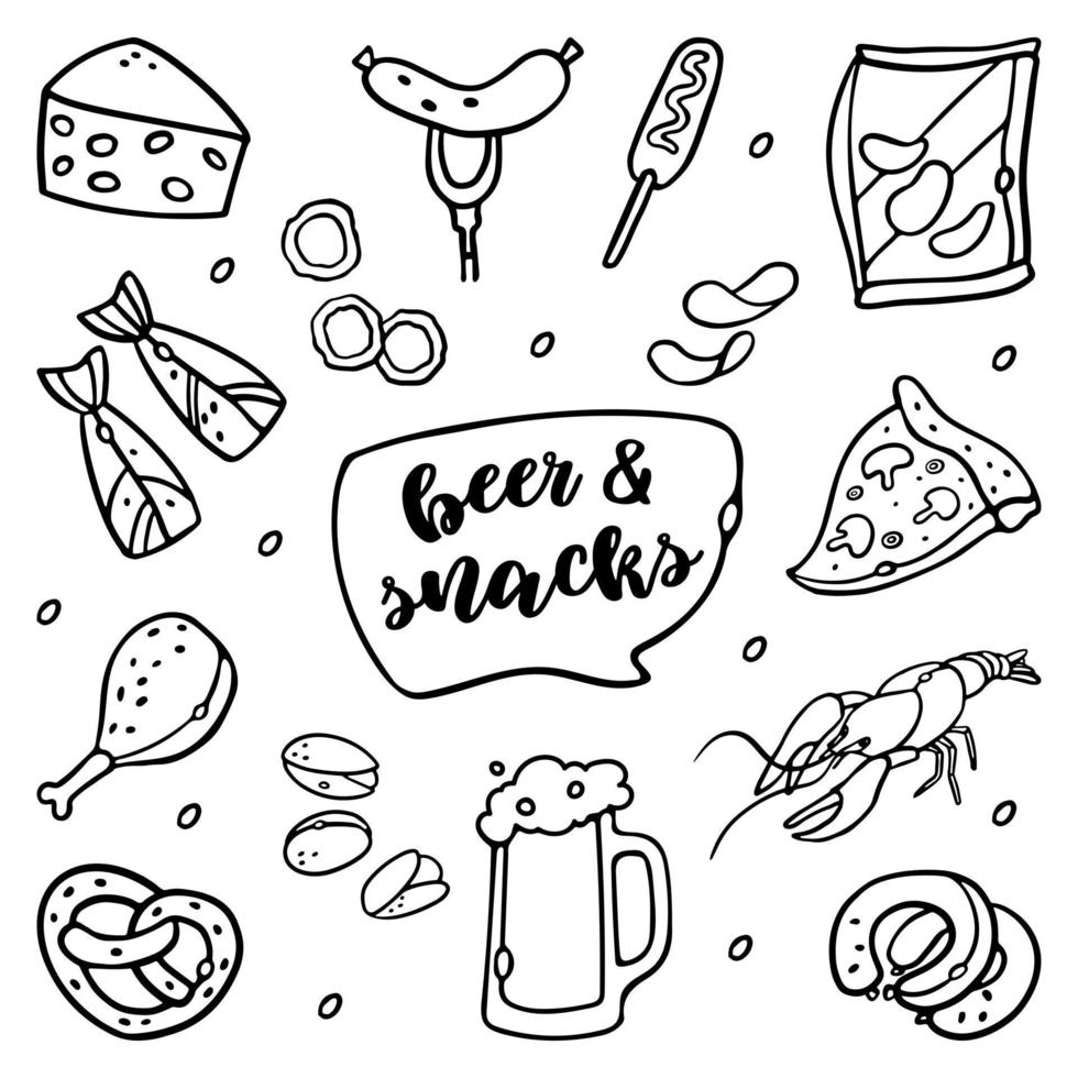 Beer Snacks Fast Food Set Outline Doodle Vector Illustration. Hand-drawn snacks concepts