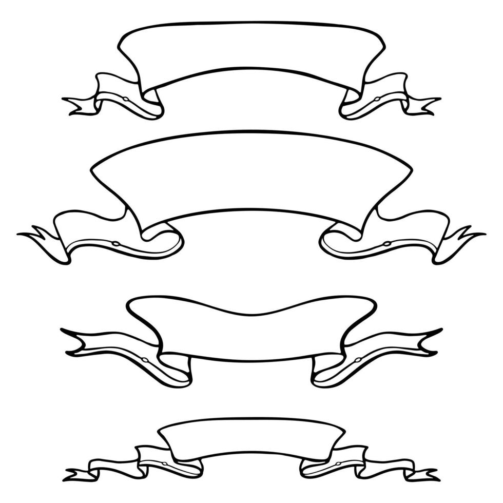 Ribbon outline set. Set of text banner contour signs. Decorative ribbon linear vintage flag icons, sale graphic badge. Simple ribbon black outline symbol isolated on white Vector illustration