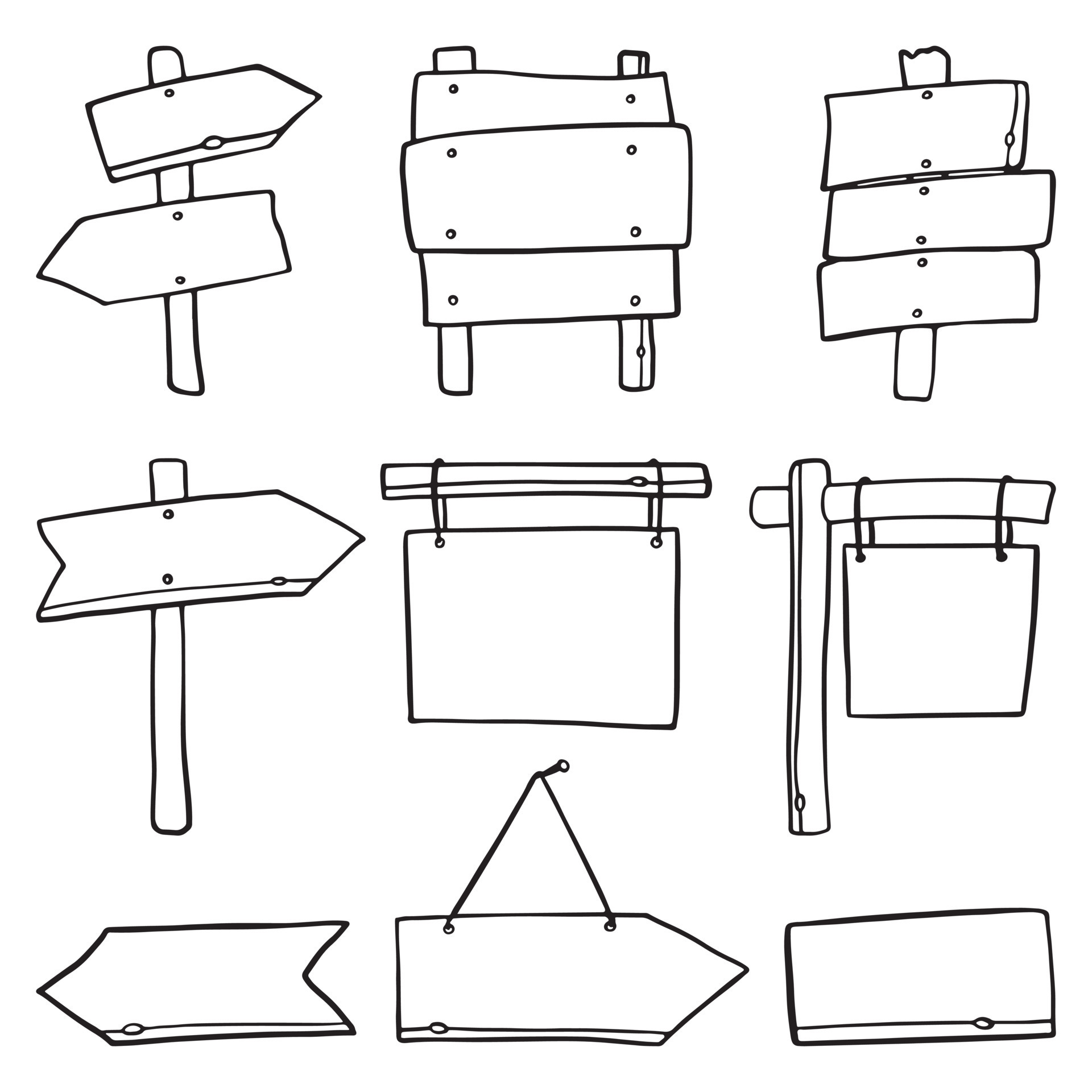 Wooden Signs and Signpost Set Vector Illustration Engraving Outline