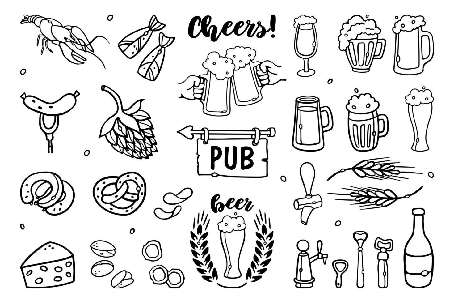 Beer snacks and glass of beer Set Outline Doodles with lettering Premium Vector