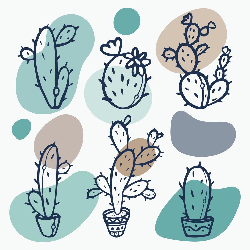 Cartoon Succulent Cactus Set in ceramic pots outline doodle engraved style Vector Illustration