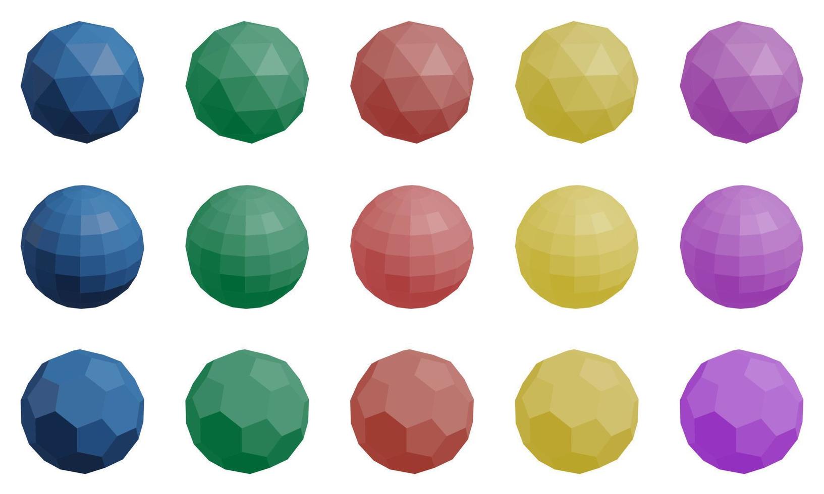 Set of 15 colorful low-poly primitives isolated on white background. Vector icosahedron, dodecahedron and soccer balls shapes of pentagons and hexagons.