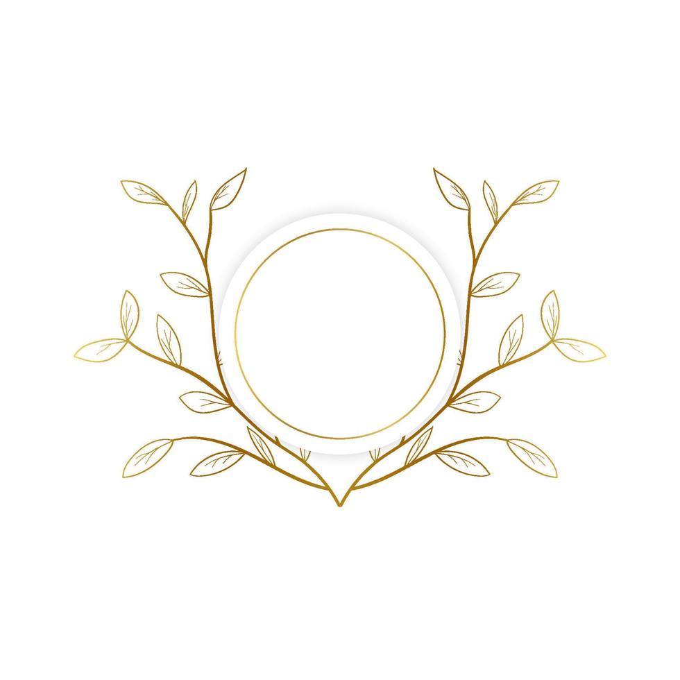 Hand drawn round frame with golden color circle and plants vector