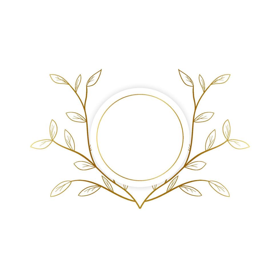 Hand drawn round frame with golden color circle and plants vector