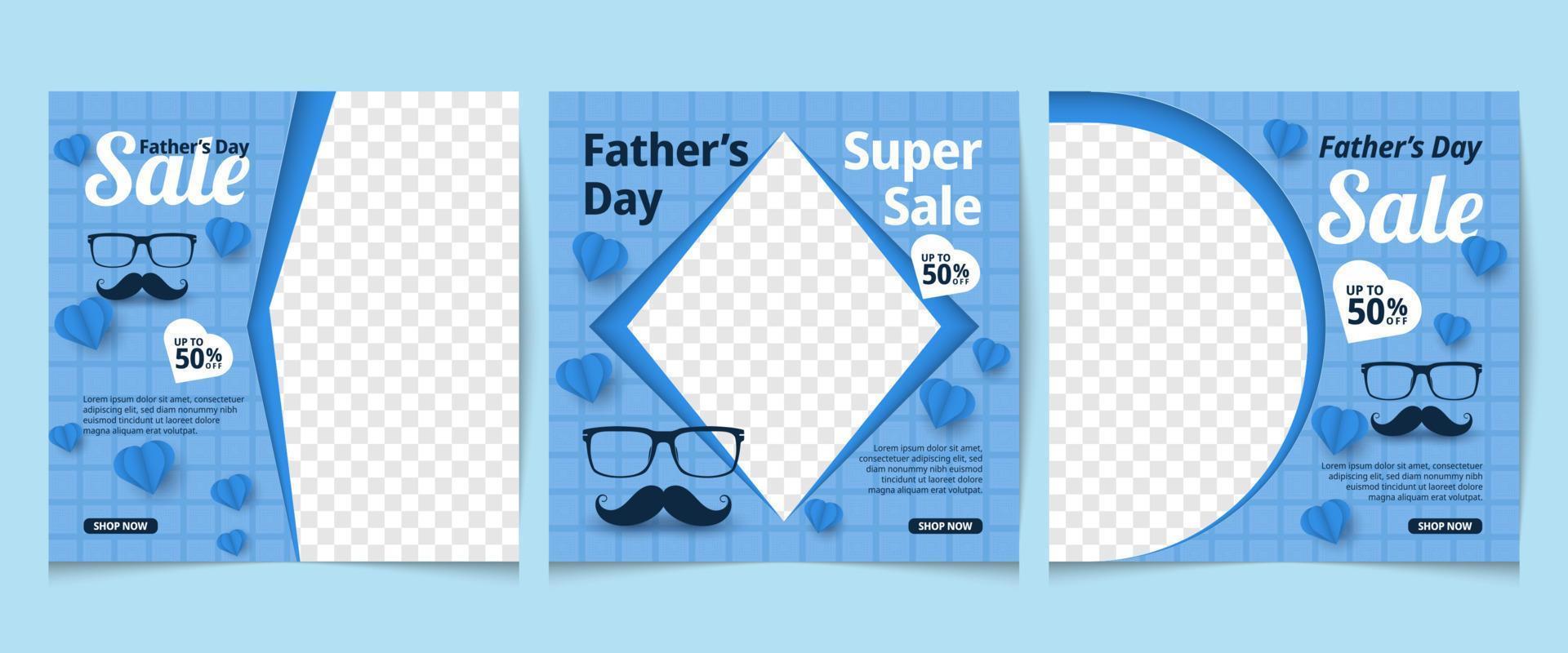 Father's Day Social Media Post Template Designs Set. Square banner in blue color. Can be used for social media, flyers, and websites vector