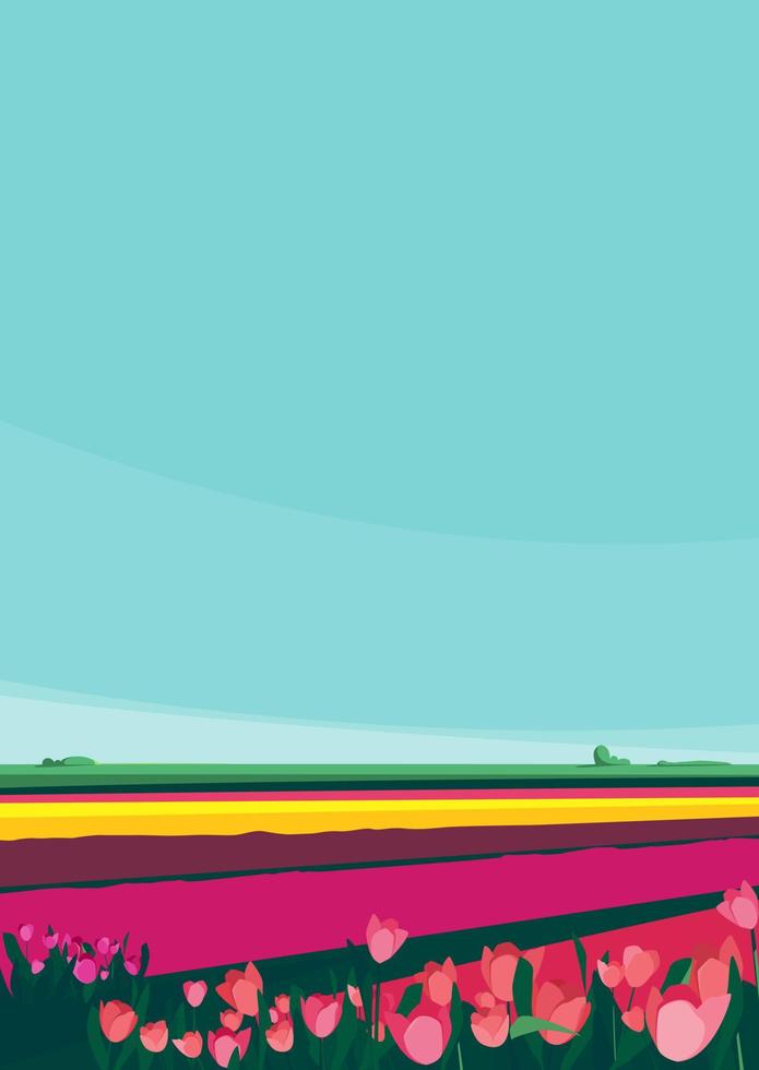 campos con tulipanes de diferentes colores. paisaje natural en formato vertical. vector