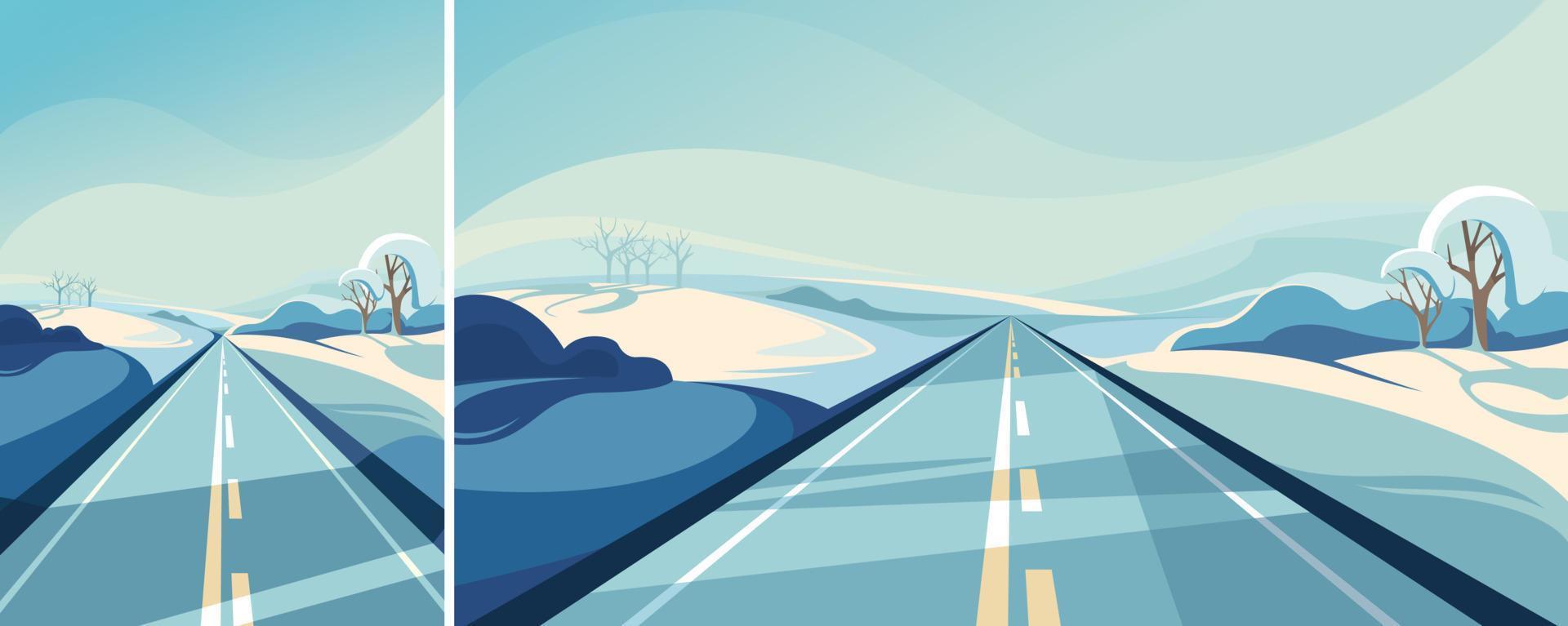 Winter highway stretching into the horizon. Outdoor scene in different formats. vector