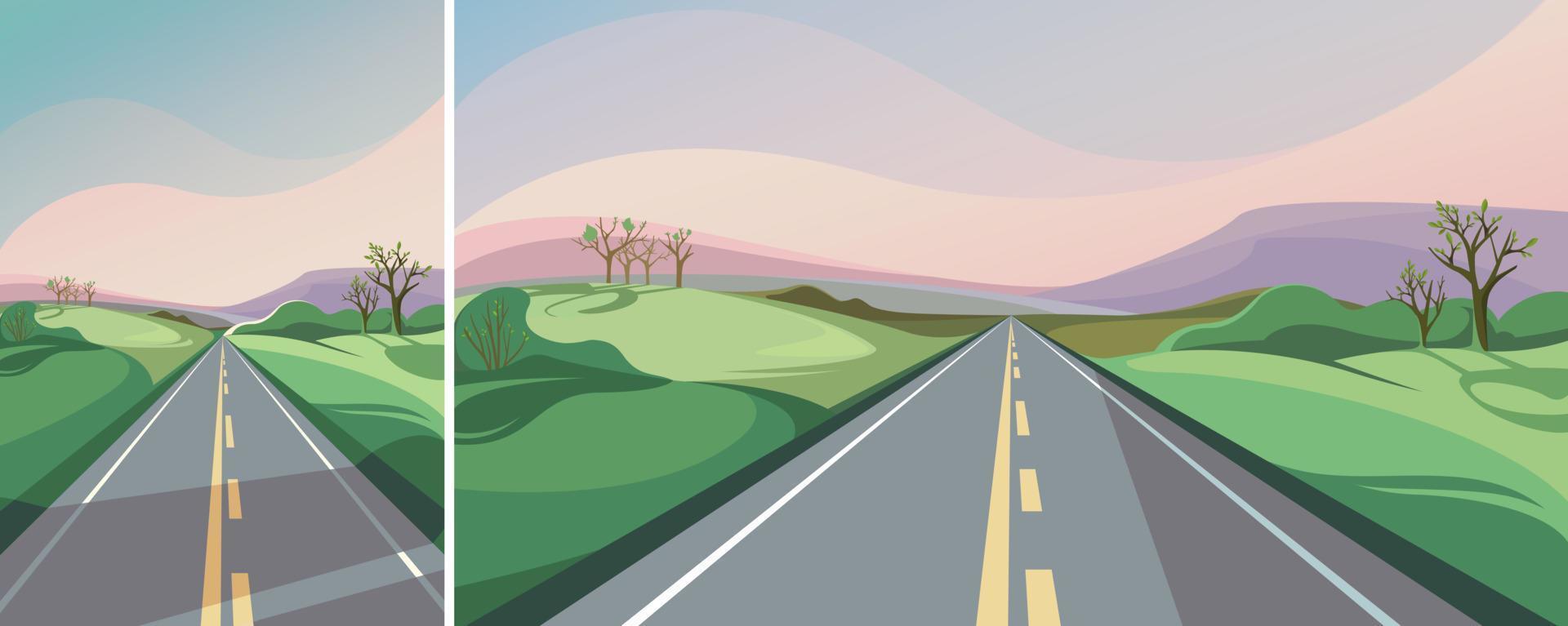 Spring highway stretching into the horizon. Outdoor scene in different formats. vector