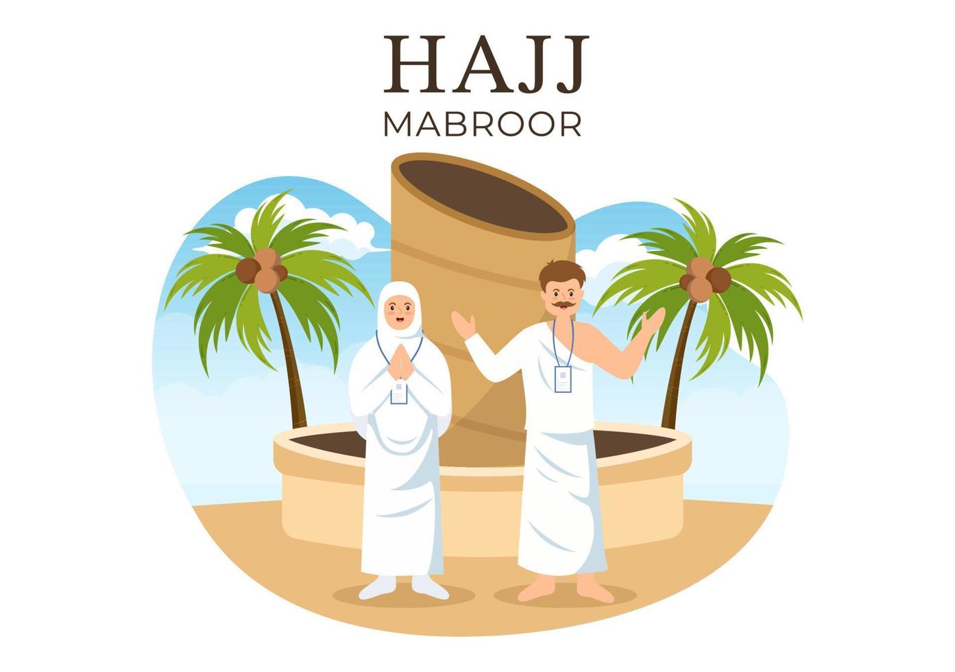 Hajj or Umrah Mabroor Cartoon Illustration with People Character and Throwing Stones at the Jamaraat Tiangs Pillar Suitable for Poster or Landing Page Templates vector