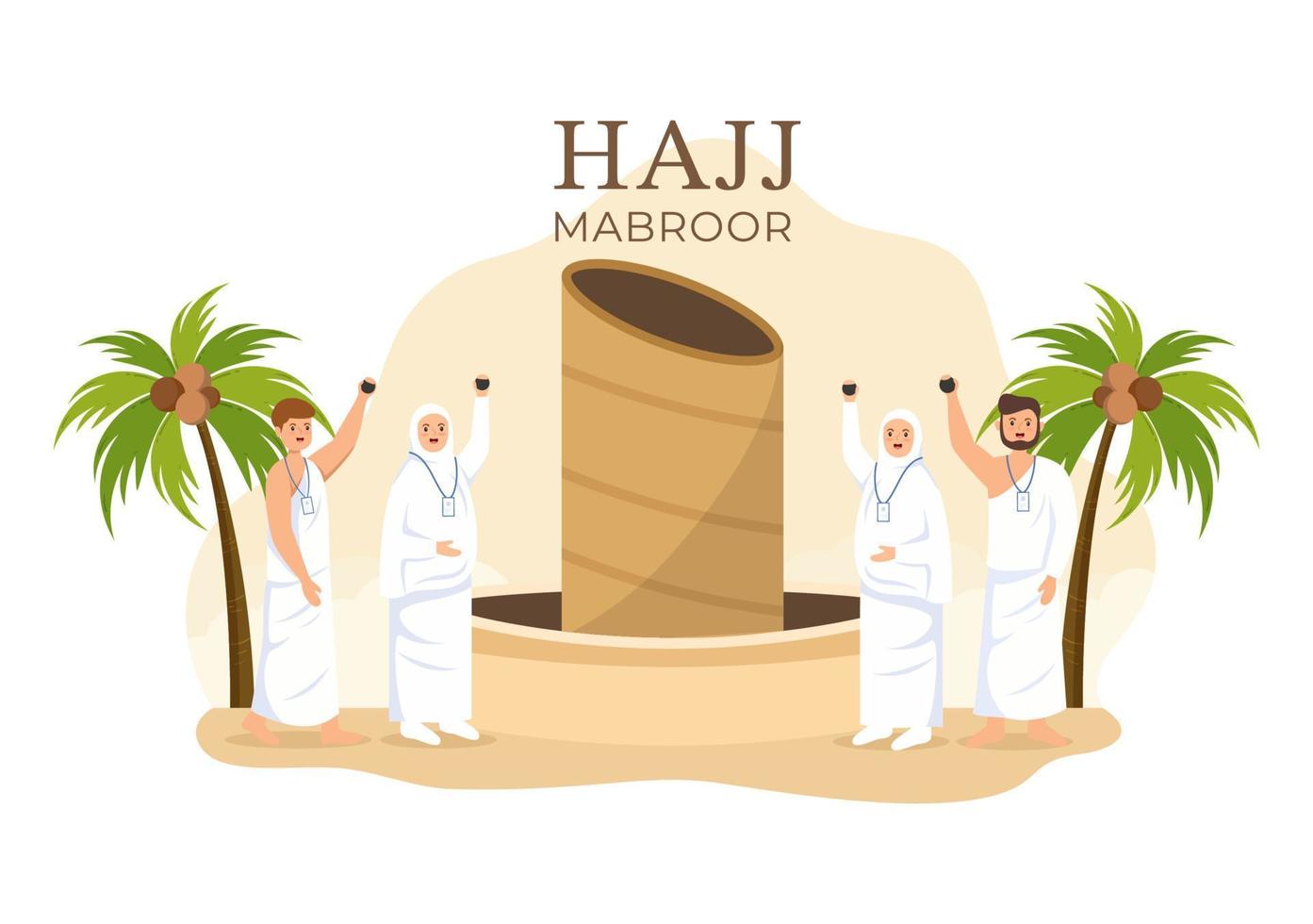 ilustración de dibujos animados de hajj o umrah mabroor con carácter de personas y arrojando piedras al pilar jamaraat tiangs adecuado para carteles o plantillas de página de destino vector