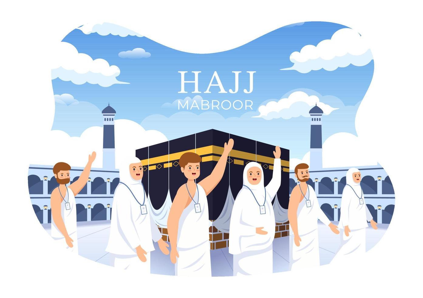 ilustración de dibujos animados hajj o umrah mabroor con carácter de personas y makkah kaaba adecuado para plantillas de póster o página de destino vector