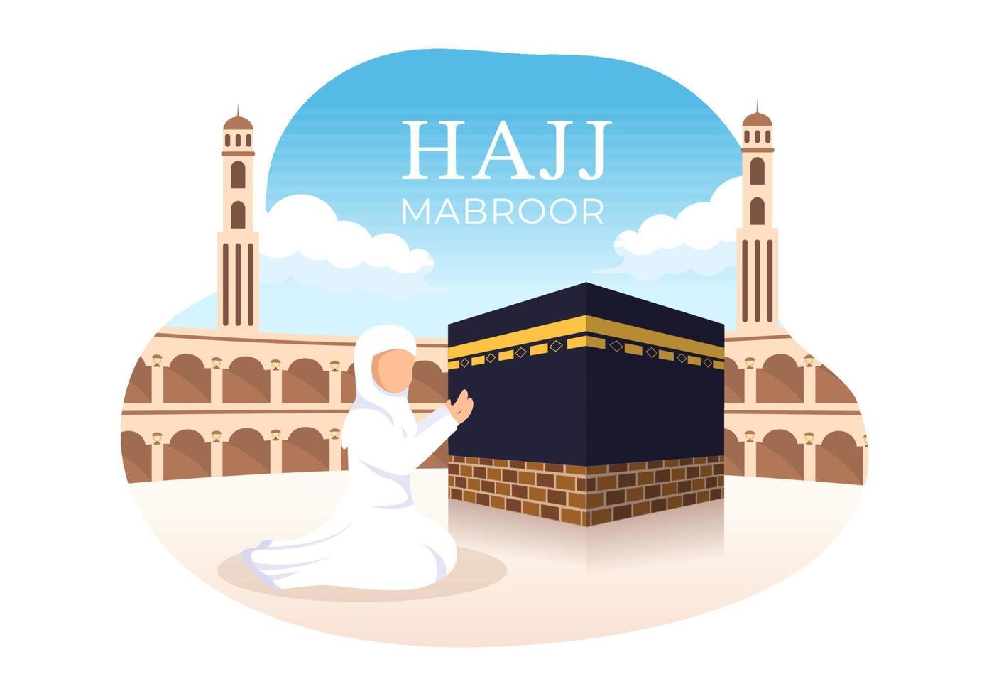 ilustración de dibujos animados hajj o umrah mabroor con carácter de personas y makkah kaaba adecuado para plantillas de póster o página de destino vector